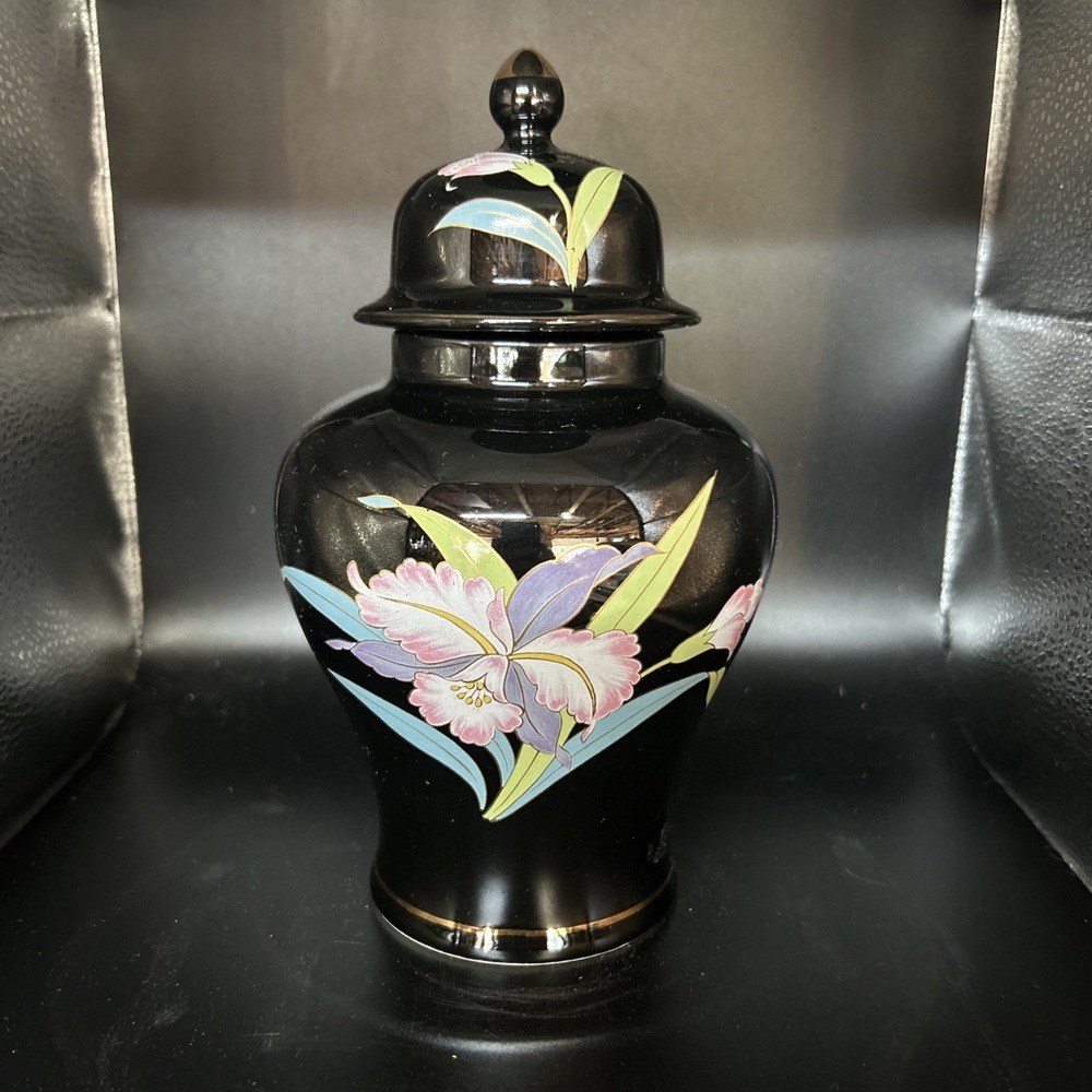 Vtg Otagiri Ginger Jar w Lid Japan Porcelain Black Gold Iris Peach Floral  8.5in